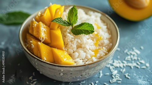 A delightful and refreshing bowl of mango sticky rice, with sweet sticky rice, fresh mango slices, and a drizzle of coconut milk