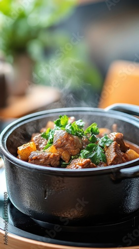 Carbonnade Flamande cooking over a flame, showcasing rich sauce and tender beef simmering to perfection. photo