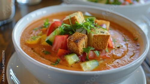 A delightful and refreshing bowl of gazpacho, with a chilled tomato-based soup, garnished with fresh vegetables and croutons