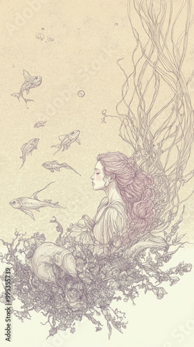 Wallpaper Mural A drawing of a woman sitting under a tree Torontodigital.ca