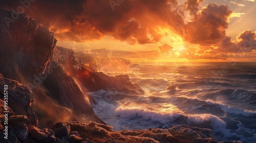 A dramatic sunset casting a warm glow over a coastal landscape, with crashing waves and rugged cliffs in the foreground