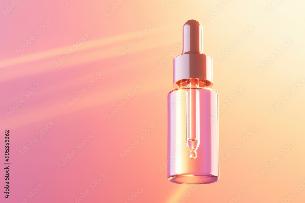 Glass Dropper Bottle with a Droplet of Serum Against a Pink and Yellow Gradient Background Glass Dropper Bottle with a Droplet of Serum Against a Pink and Yellow Gradient Background