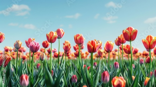 A field of vibrant tulips in full bloom under a clear blue sky.