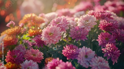 A garden of blooming chrysanthemums in various colors.