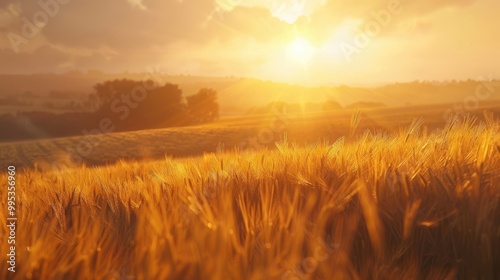 A golden sunrise over a tranquil countryside with a field of golden wheat swaying gently.