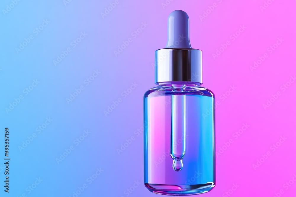 Glass Dropper Bottle with a Blue Liquid Against a Pink and Blue Gradient Background Glass Dropper Bottle with a Blue Liquid Against a Pink and Blue Gradient Background