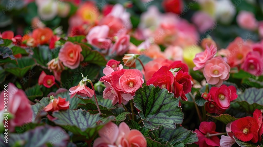 A lush, verdant garden filled with blooming begonias, their vibrant, waxy petals in shades of pink, red, and white, creating a captivating and visually striking scene A lush, verdant garden filled with blooming begonias, their vibrant, waxy petals in shades of pink, red, and white, creating a captivating and visually striking scene