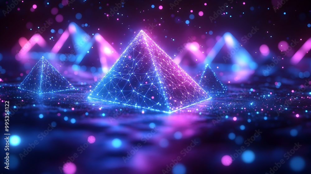 Glowing Neon Network of Shimmering Geometric Shapes Floating in Futuristic Dark Space Glowing Neon Network of Shimmering Geometric Shapes Floating in Futuristic Dark Space