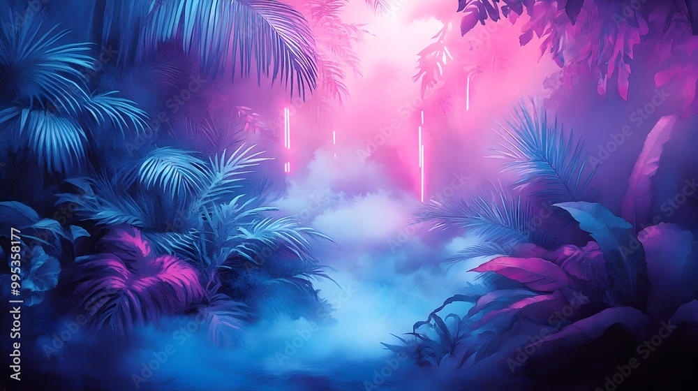 Neon-Lit Tropical Forest with Glowing Lights,Mist,and Lush Palm Leaves in a Dreamy,Vibrant Atmosphere