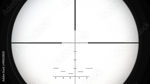 A black rifle scope with white crosshairs and aiming points