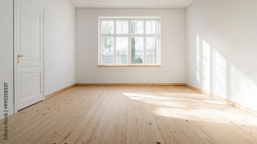 Fototapeta premium Bright Empty Room with Wooden Floor and Large Window