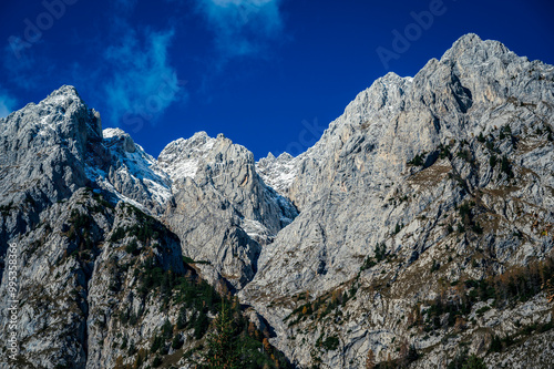 Autumn light on the Carnic Alps. Monte Coglians, Forni Avoltri and its colorful woods photo