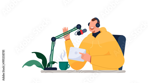 Flat illustration of man podcaster influencer blogger smiling while broadcasting his live audio podcast in studio using headphones, ipad and headphones. Male radio host making podcast or interview