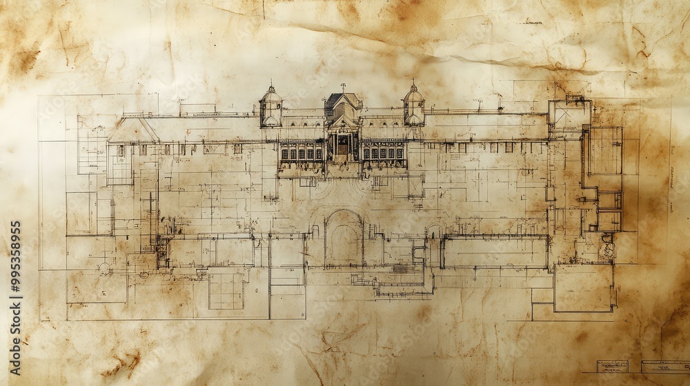 Obraz premium Architectural plans for a Victorian hospital, displayed on old, crumpled paper, with ink fading and parchment yellowed by time