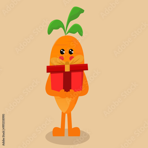 happy carrot illistration opening christmas gift concept illustration surprise woman gift open present. Cute carrot holding a gift