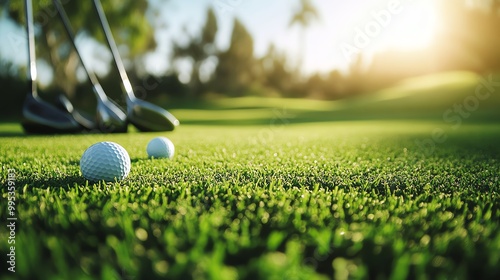 Close-up of golf balls on lush green grass with clubs in the background, perfect for sports and leisure themes.