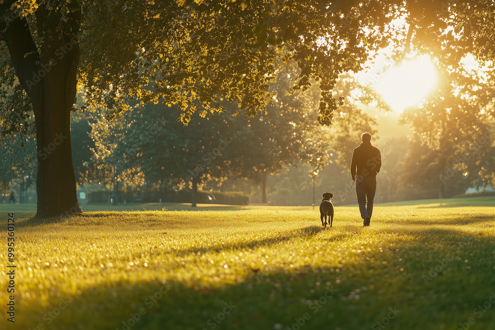 Fototapeta premium Person walking a dog in a park during a beautiful day