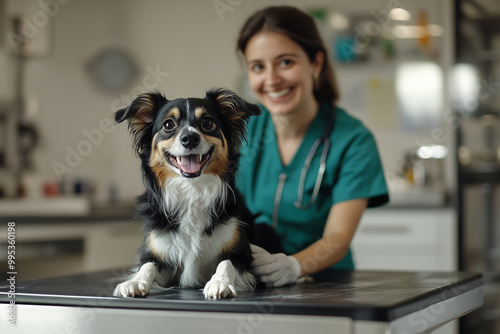 Vet examining a dog on an exam table in a clinic