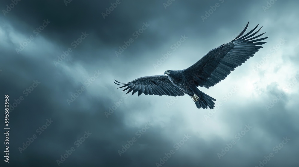 Fototapeta premium Soaring Eagle in a Cloudy Sky, Wings Spread Wide, Freedom and Power, Bird of Prey