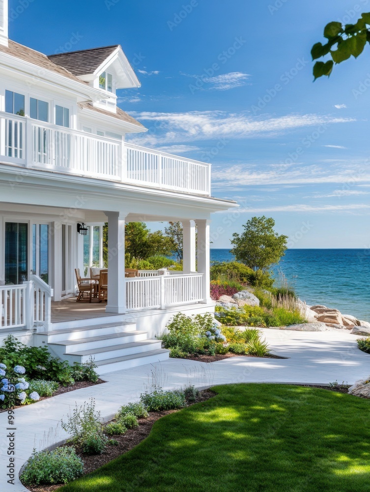 A beautiful seaside home with a spacious porch, lush gardens, and a stunning view of the tranquil ocean under a clear blue sky. A beautiful seaside home with a spacious porch, lush gardens, and a stunning view of the tranquil ocean under a clear blue sky.