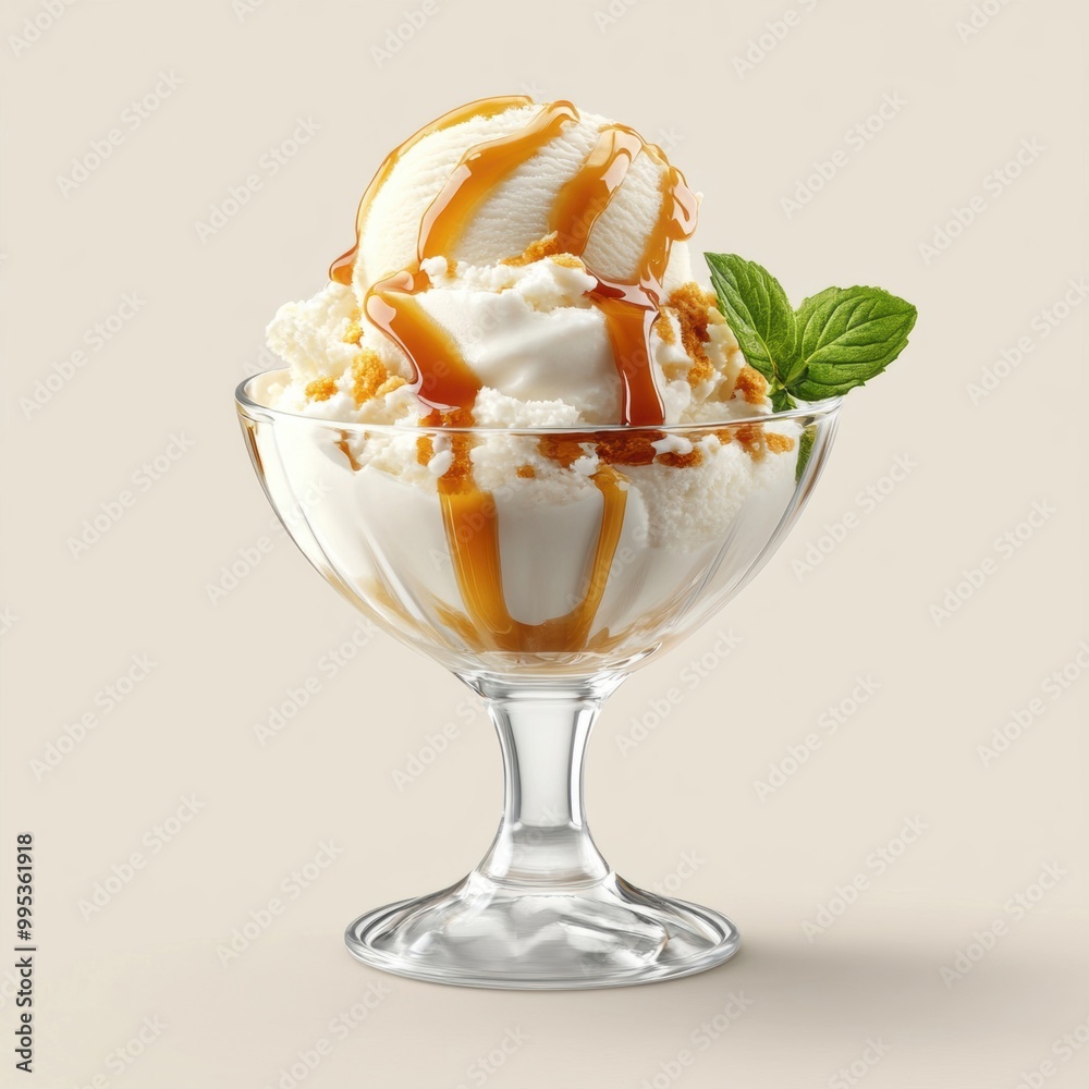 A delicious ice cream sundae topped with caramel sauce and mint leaves, served in a glass dish. A delicious ice cream sundae topped with caramel sauce and mint leaves, served in a glass dish.