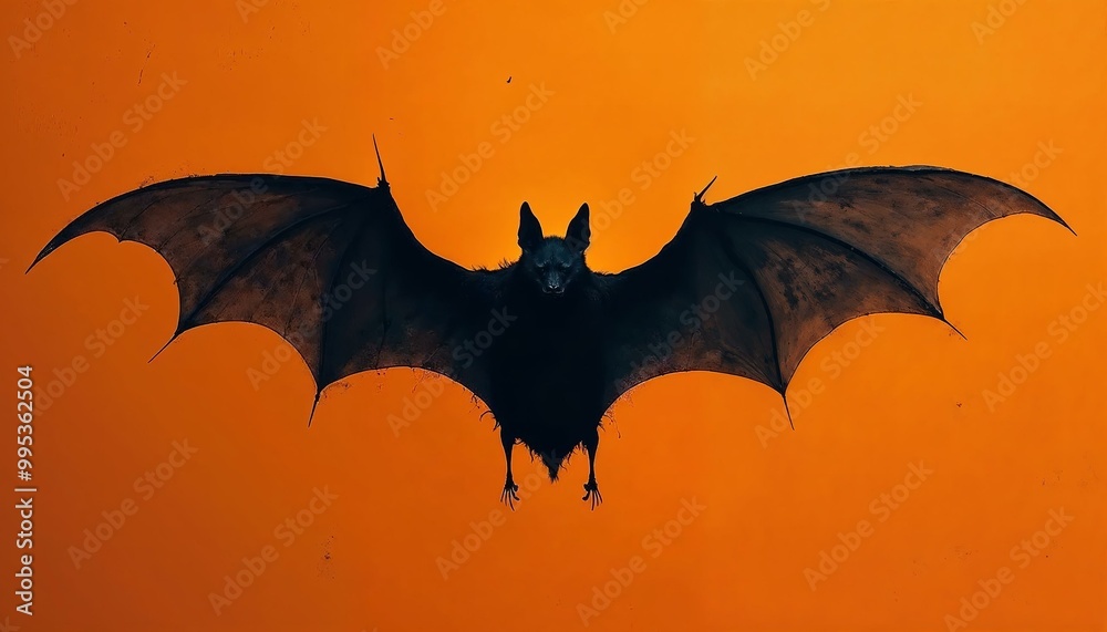 Black Bat with Spread Wings: Halloween Symbol on Orange Background Black Bat with Spread Wings: Halloween Symbol on Orange Background