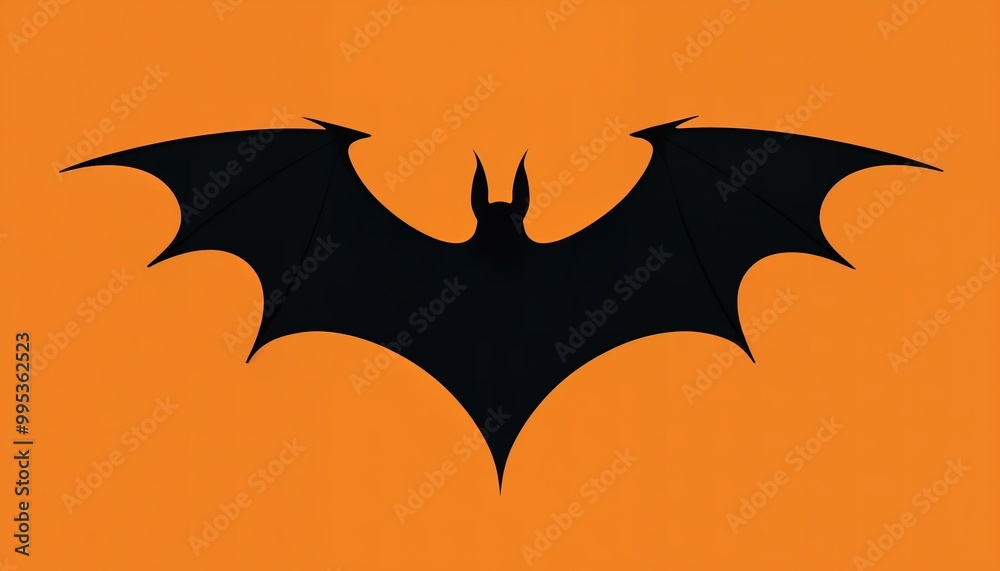 Black Paper Bat on Orange Background: Minimalist Halloween Decoration Black Paper Bat on Orange Background: Minimalist Halloween Decoration
