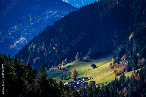Autumn light on the Carnic Alps. Monte Coglians, Forni Avoltri and its colorful woods photo