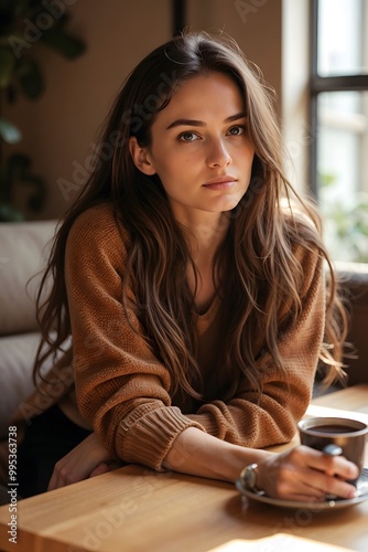  Young woman with pensive mood looking away against blurred background