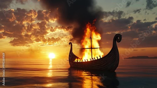 Viking Ship Burning at Sunset