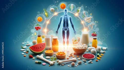 healthy bone human with Foods vitamin or Calcium, and Collagen, Medical food concept background 3d illustration.