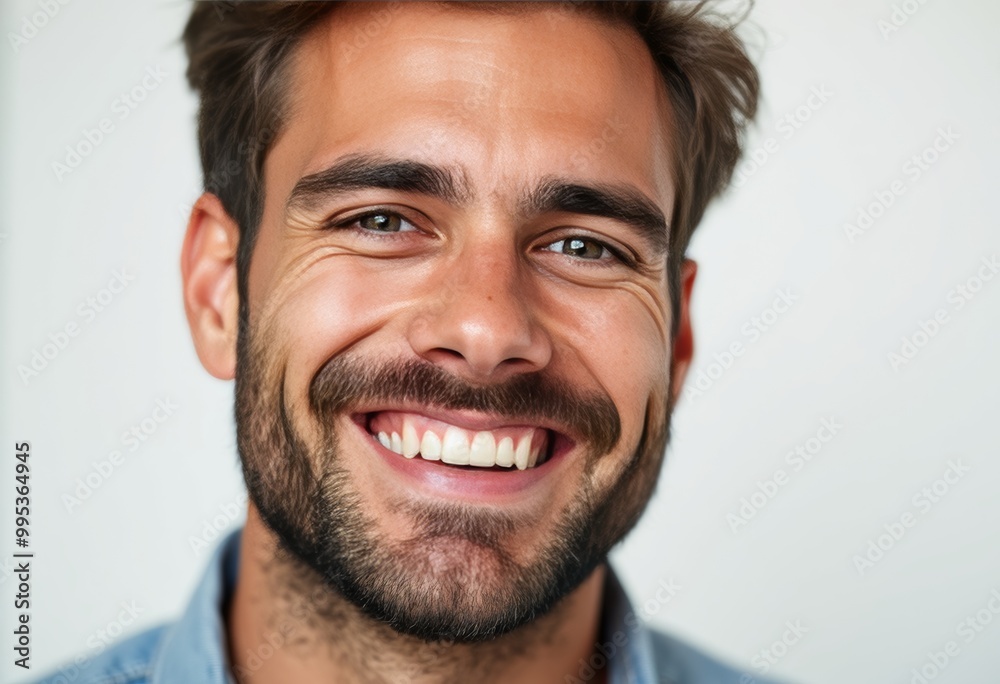 Close-up portrait of a happy smiling man with a beard, cheerful and friendly expression, joyful male face, light background Close-up portrait of a happy smiling man with a beard, cheerful and friendly expression, joyful male face, light background