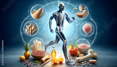 healthy bone human with Foods vitamin or Calcium, and Collagen, Medical food concept background 3d illustration.