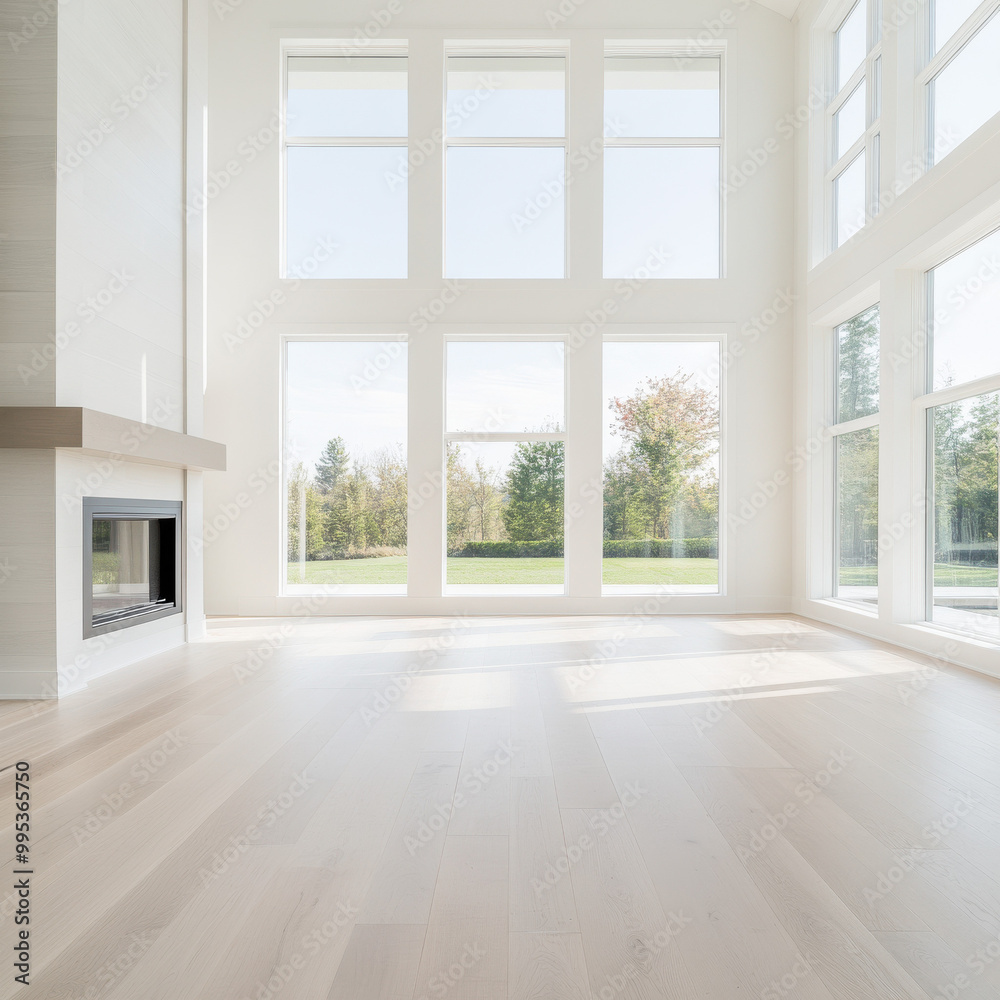 A large, empty living room with a fireplace and large windows A large, empty living room with a fireplace and large windows