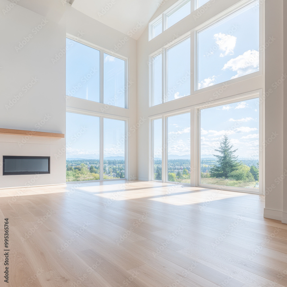 Fototapeta premium A large open living room with a fireplace and a view of the mountains