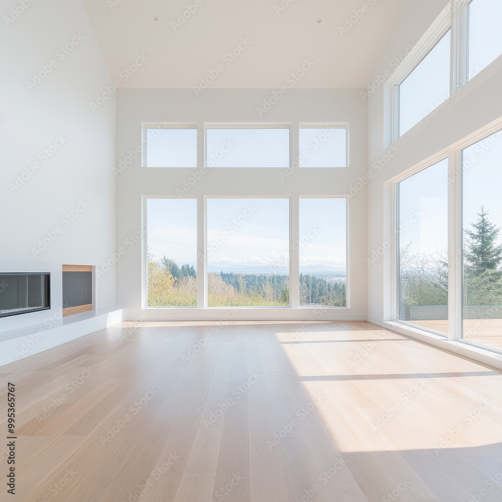 Fototapeta premium A large, empty living room with a fireplace