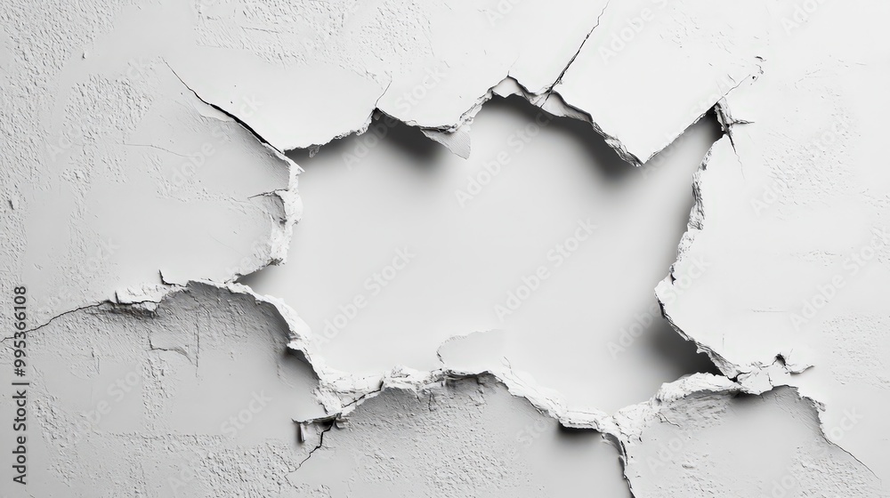 Damaged rough crack and broken concrete wall on white, concept of escape, freedom. background is damaged. Broken hole, white wall, background texture, crack Damaged rough crack and broken concrete wall on white, concept of escape, freedom. background is damaged. Broken hole, white wall, background texture, crack