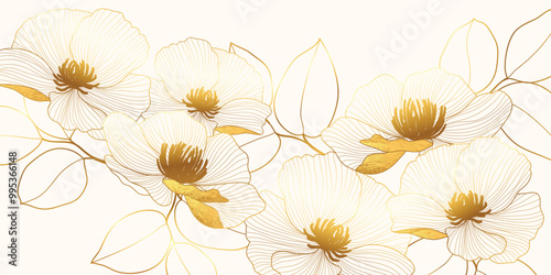 Luxury golden poppy flower line art on beige background vector. Natural botanical elegant flower with gold foil texture. Design illustration for decoration, wall decor, wallpaper, cover, banner.