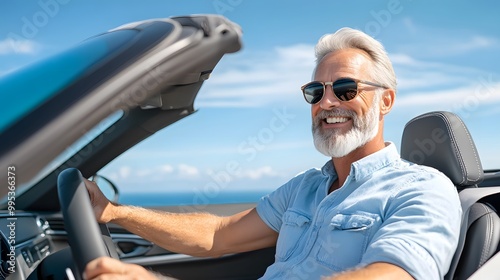 Happy senior man driving convertible car against sunny sky and ocean, enjoying a road trip with a big smile.