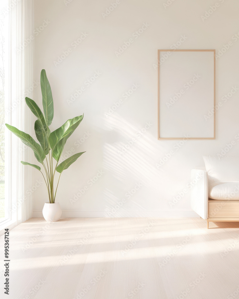 Fototapeta premium A white living room with a large potted plant and a white couch