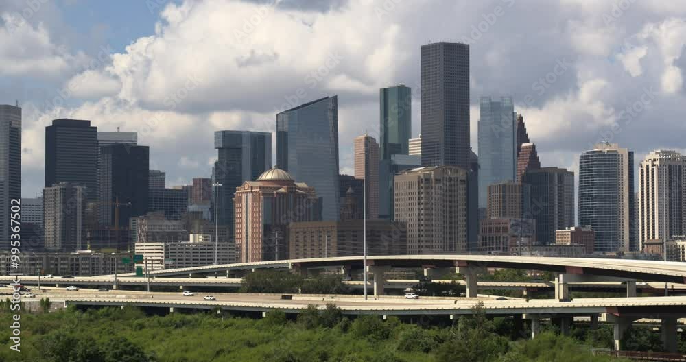 Ascending drone shot of downtown Houston and surrounding area Ascending drone shot of downtown Houston and surrounding area