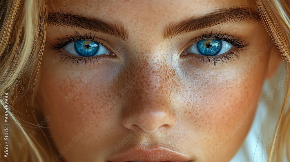 Close-up portrait of a young woman with blue eyes and freckles.