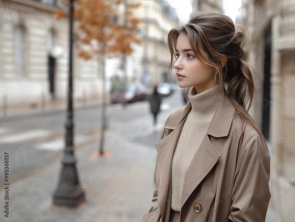 A young, sophisticated French woman wearing a beige trench coat against a blurred city street with buildings in the background. Fall Fashion Model Pictorial. A young, sophisticated French woman wearing a beige trench coat against a blurred city street with buildings in the background. Fall Fashion Model Pictorial.