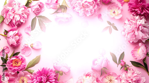 Frame made of of peony flowers with copy space for text on pink background. Flat lay, top view.