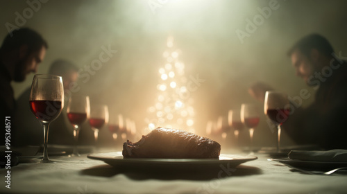 A man is sitting at a table with a plate of food in front of him photo