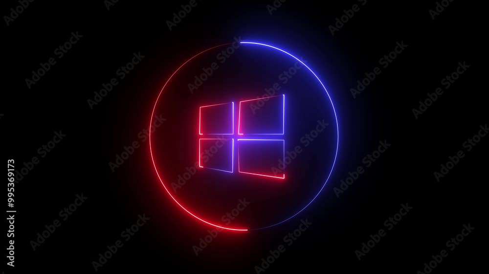 Dark night glowing windows logo with circle in neon light neon sign and neon light concept Dark night glowing windows logo with circle in neon light neon sign and neon light concept