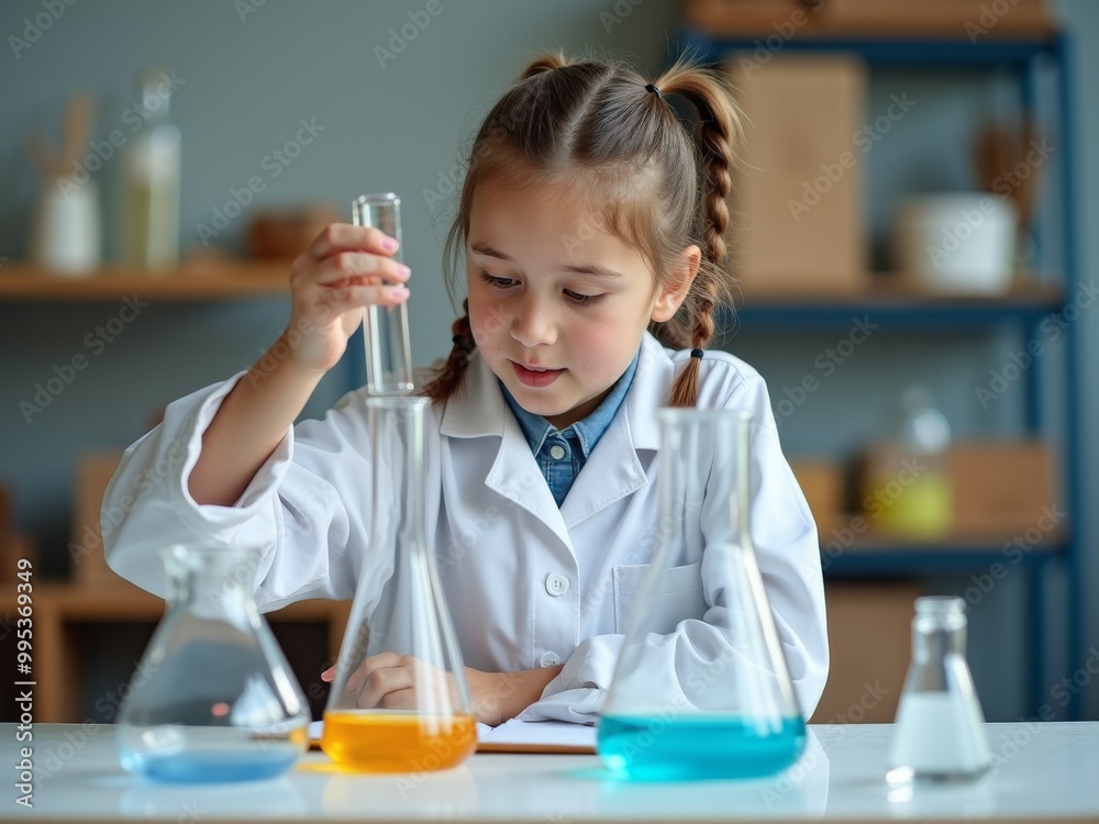 Curious young girl conducting a science experiment with colorful liquids in beakers, child in lab coat learning chemistry Curious young girl conducting a science experiment with colorful liquids in beakers, child in lab coat learning chemistry