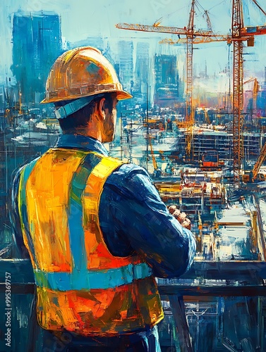 Engineer Overlooking Construction Site A civil engineer wearing a hard hat and high-visibility vest, standing with arms crossed, overlooking a large construction site with cranes and machinery in the  photo