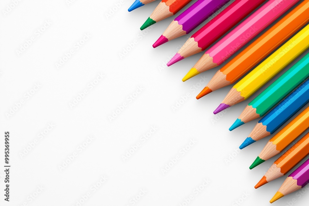 Row of colorful pencils on a white background. The pencils are lined up in a row, with the first one being red and the last one being blue. graphics design in a white background Row of colorful pencils on a white background. The pencils are lined up in a row, with the first one being red and the last one being blue. graphics design in a white background