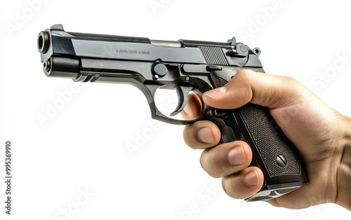 Hand holding gun isolated on white background